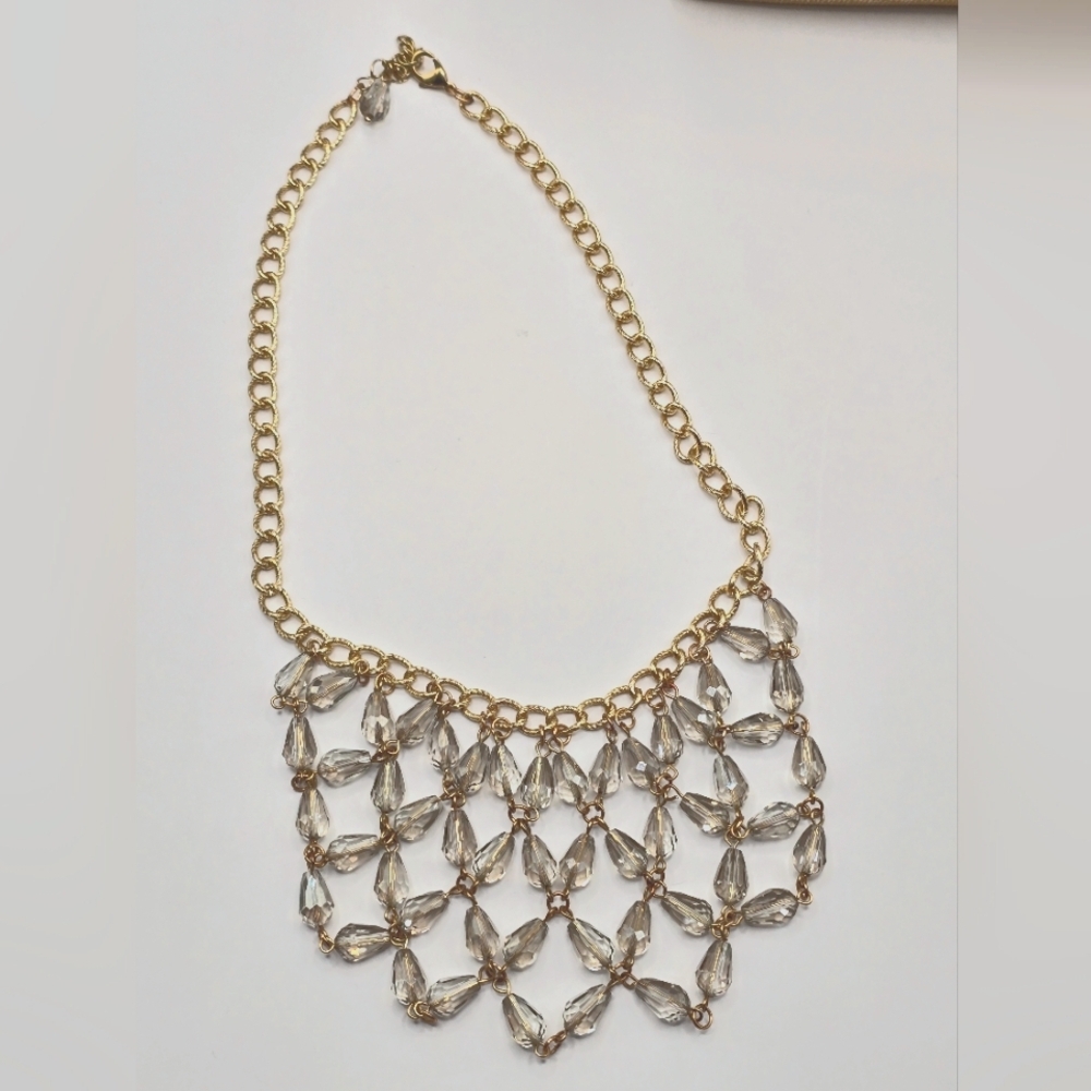 Smoky Crystal Jeweled Gold Tone Bib Statement Fashion Necklace